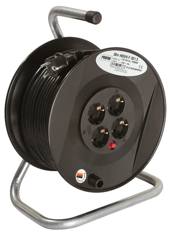 Tambur din plastic pentru cablu, 3 x 1,5, cu 50m de cablu H05VV din PVC, cu 4 prize & protecţie termică, Z1208068X