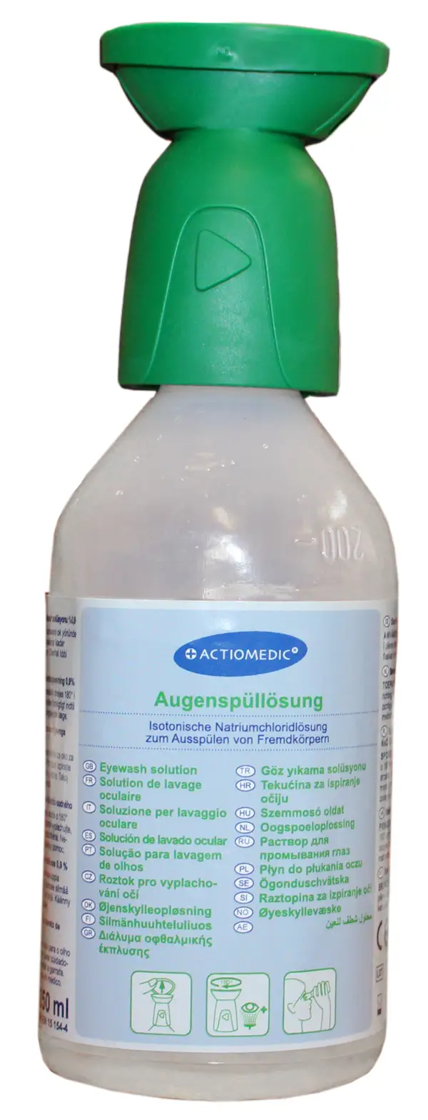 Sticlă pentru soluţii pentru spălături oculare, 250ml, verde, soluţie salină 0,9%, Z20137
