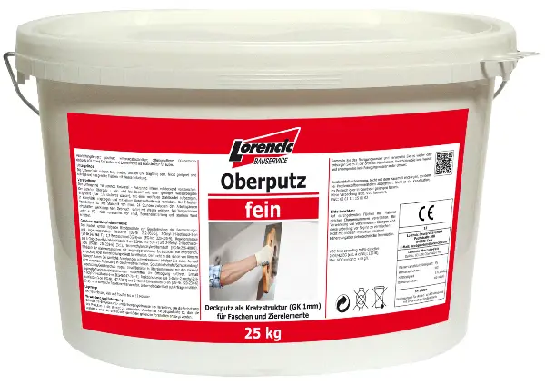 Oberputz fein Kratz 1mm, weiß, Verbrauch 2,0kg/m², 25kg/Kübel, 32Kübel/Pal, Z2540225LOW