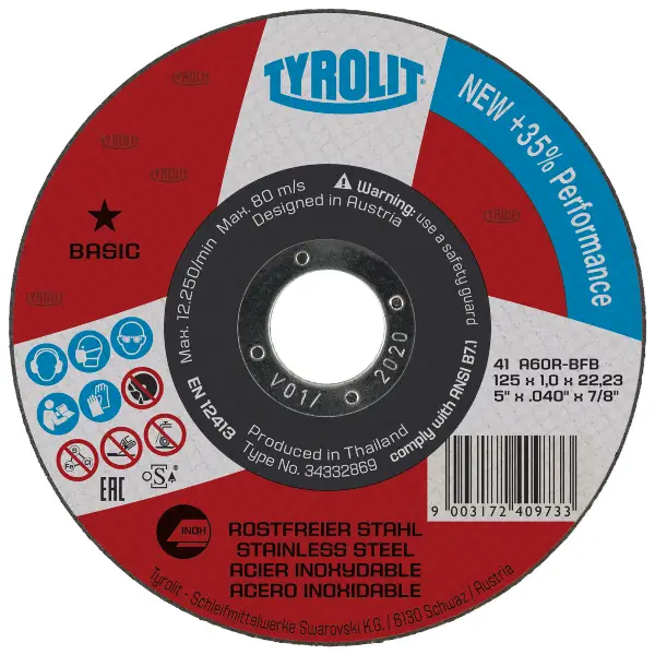 Disc de tăiere oțel "super subțire" 41, 125x1,0x22,23 mm drept A60R-BFB INOX TYROLIT, Z34332869