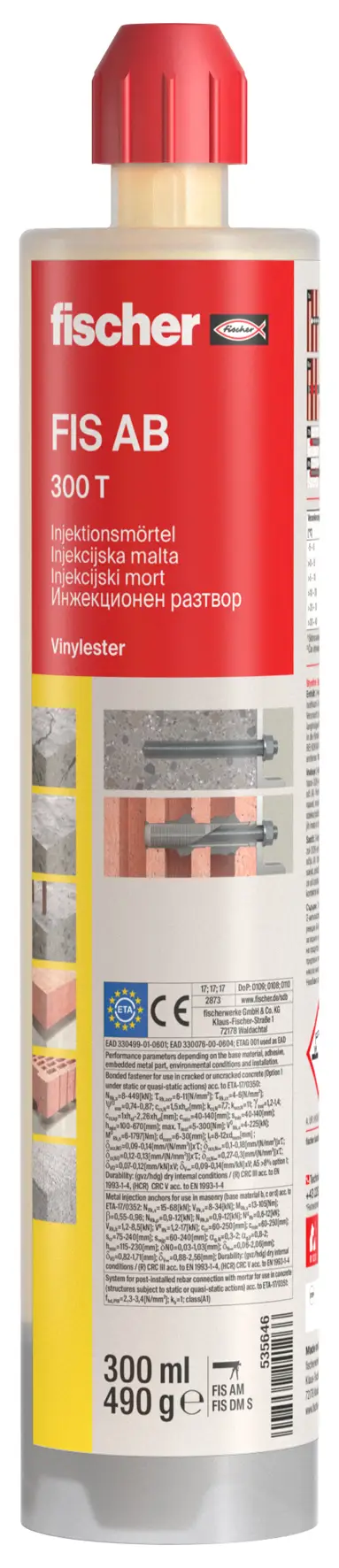 =§= Mortar pentru injectare FISCHER FIS AB 300 T AUSTRIA BOND, 300ml, cu 2 FIS Mixer RED, UA12, Z535646